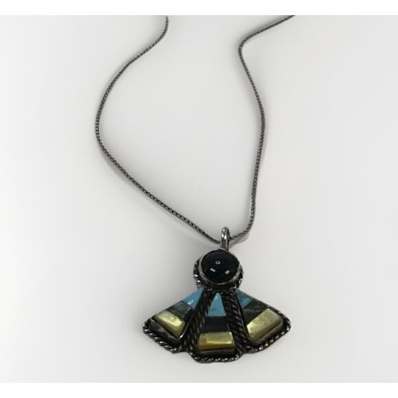 Vintage Navajo Sterling Silver Turquoise Onyx & Coral Pendant Necklace - 19” - Picture 10 of 16